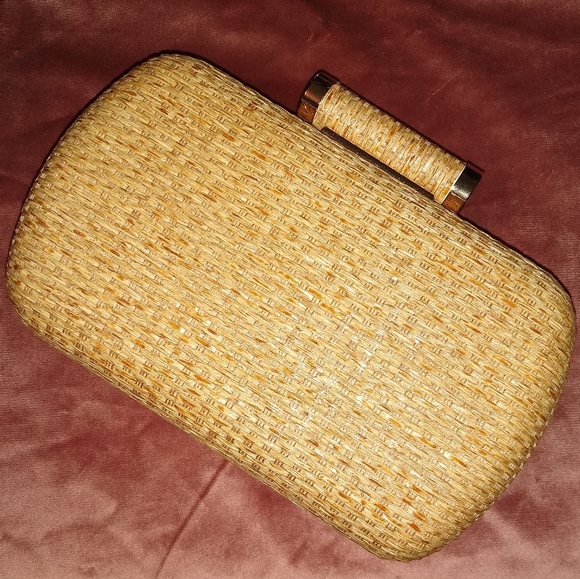 Tan Rattan Hard Case Clutch Purse Woven Wicker Handbag Crossbody Bag Long Chain - Picture 3 of 13